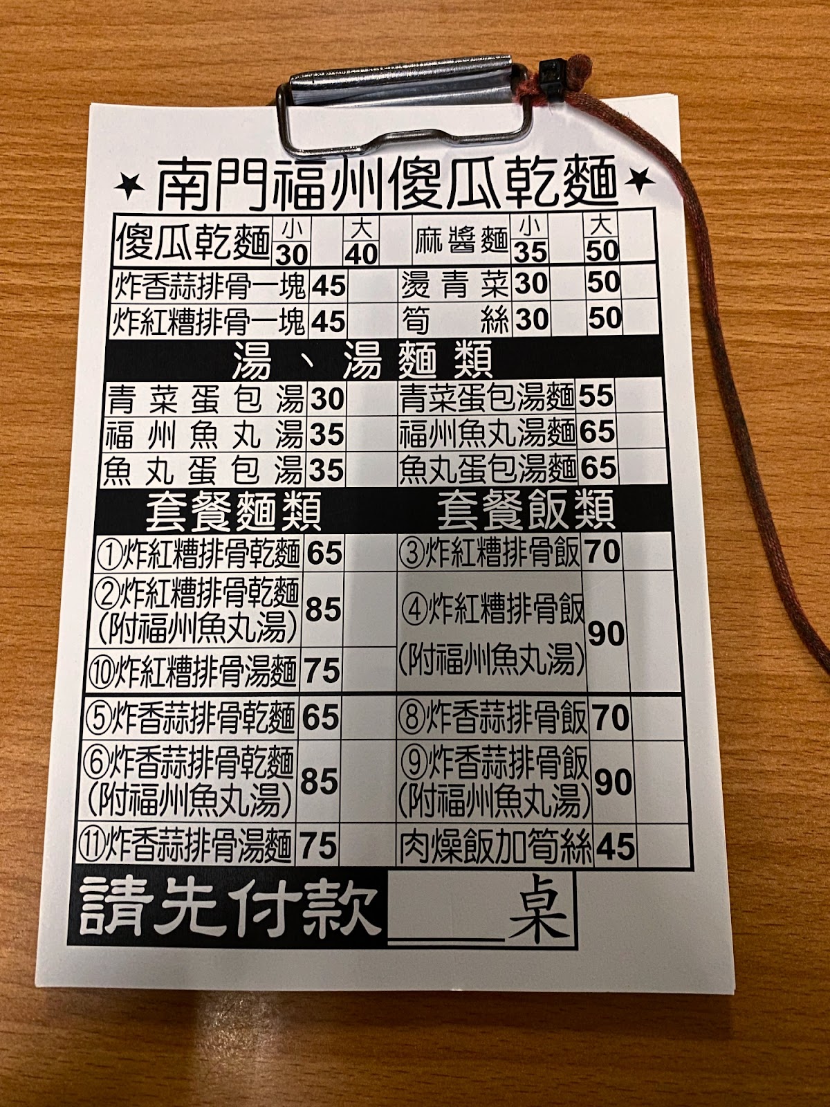 南門福州傻瓜乾麵菜單