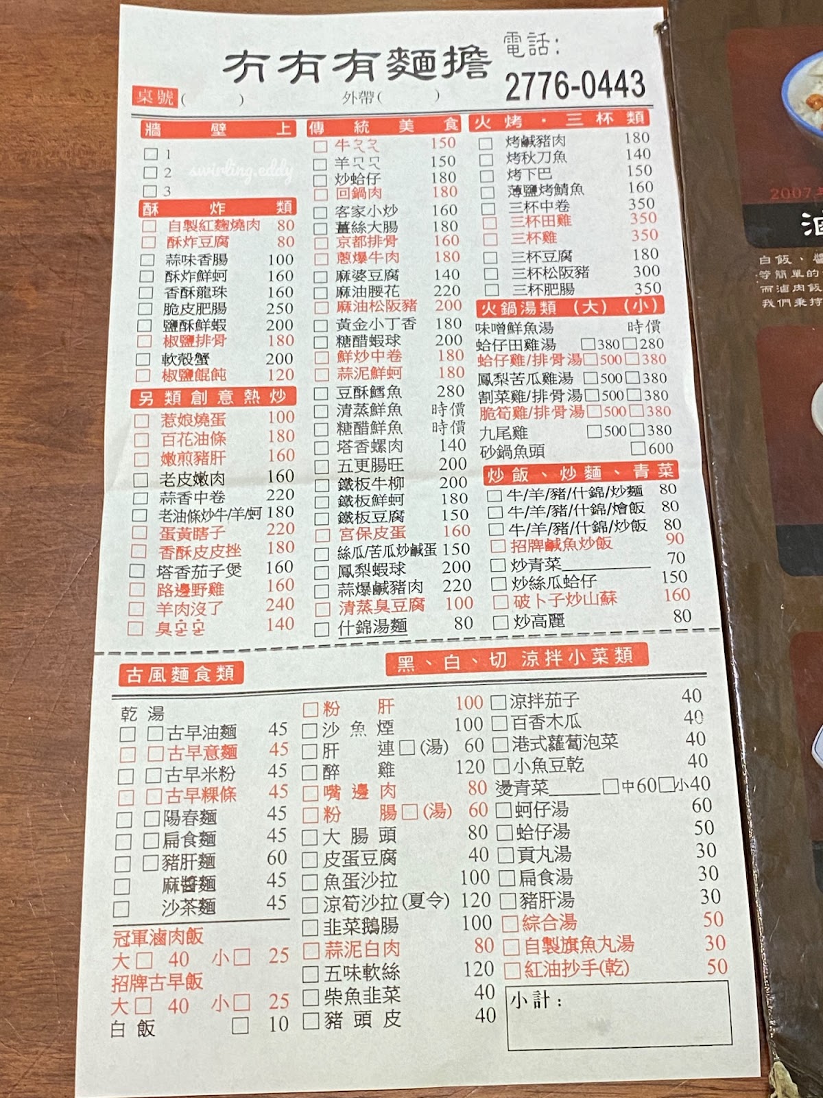 冇𠕇有麵擔 菜單